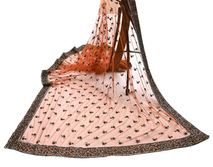 Indian Vintage Heavy Orange Dupatta Net Mesh Long Stole Hand Embroidered Scarves Golden Zardozi Dabka Zari Stole Bridal/ Wedding veil