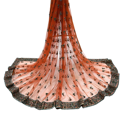 Indian Vintage Heavy Orange Dupatta Net Mesh Long Stole Hand Embroidered Scarves Golden Zardozi Dabka Zari Stole Bridal/ Wedding veil