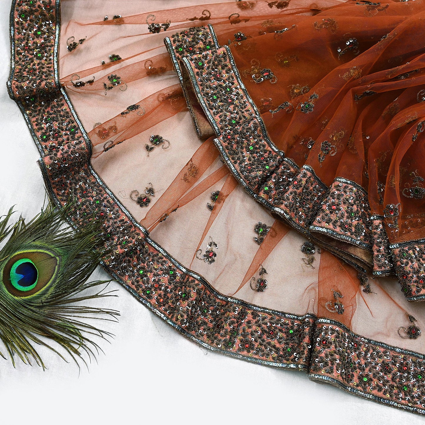 Indian Vintage Heavy Orange Dupatta Net Mesh Long Stole Hand Embroidered Scarves Golden Zardozi Dabka Zari Stole Bridal/ Wedding veil
