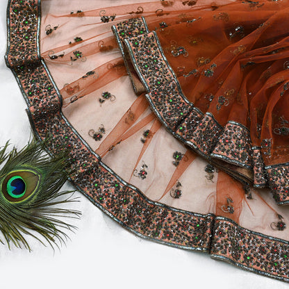 Indian Vintage Heavy Orange Dupatta Net Mesh Long Stole Hand Embroidered Scarves Golden Zardozi Dabka Zari Stole Bridal/ Wedding veil
