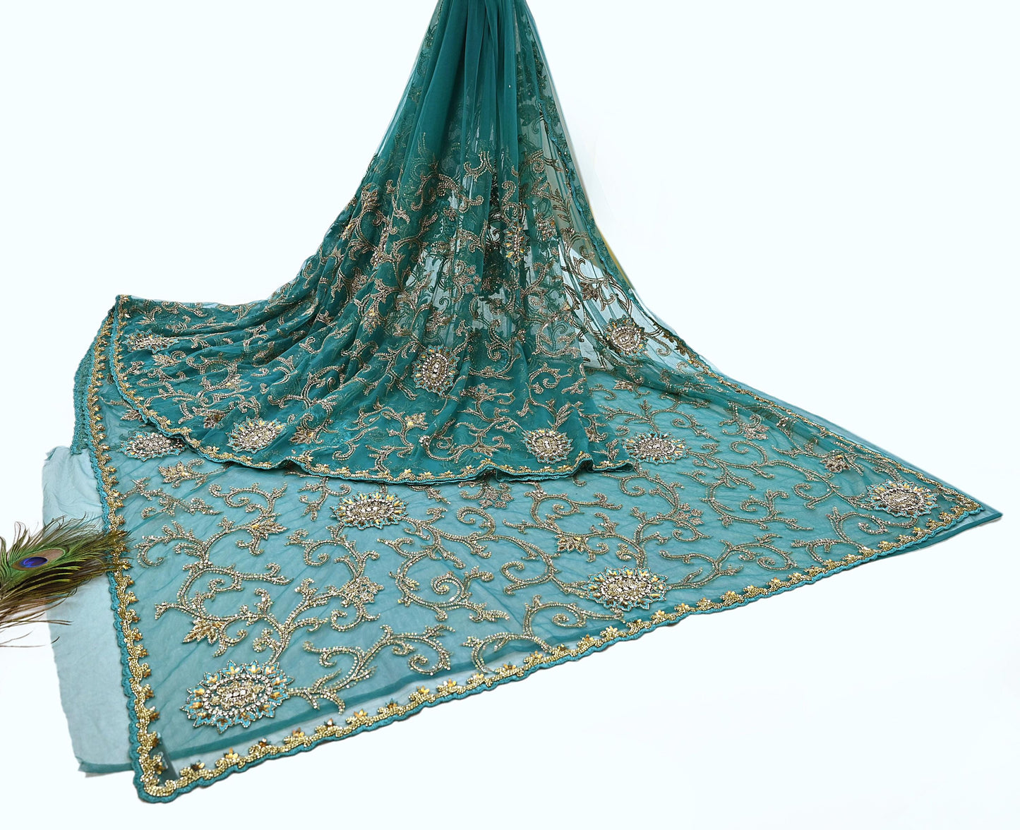 Heavy Blue Net Embroidered Saree Anamika Khanna Zardozi Dabka Zari Indian Wedding Sari Designer Mesh 6Yd Saree with Blouse Fabric