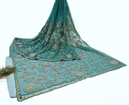 Heavy Blue Net Embroidered Saree Anamika Khanna Zardozi Dabka Zari Indian Wedding Sari Designer Mesh 6Yd Saree with Blouse Fabric