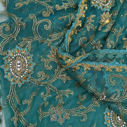 Heavy Blue Net Embroidered Saree Anamika Khanna Zardozi Dabka Zari Indian Wedding Sari Designer Mesh 6Yd Saree with Blouse Fabric