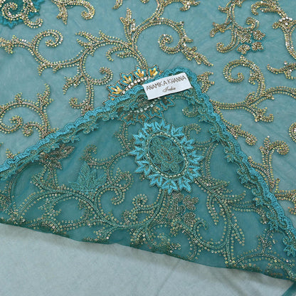 Heavy Blue Net Embroidered Saree Anamika Khanna Zardozi Dabka Zari Indian Wedding Sari Designer Mesh 6Yd Saree with Blouse Fabric