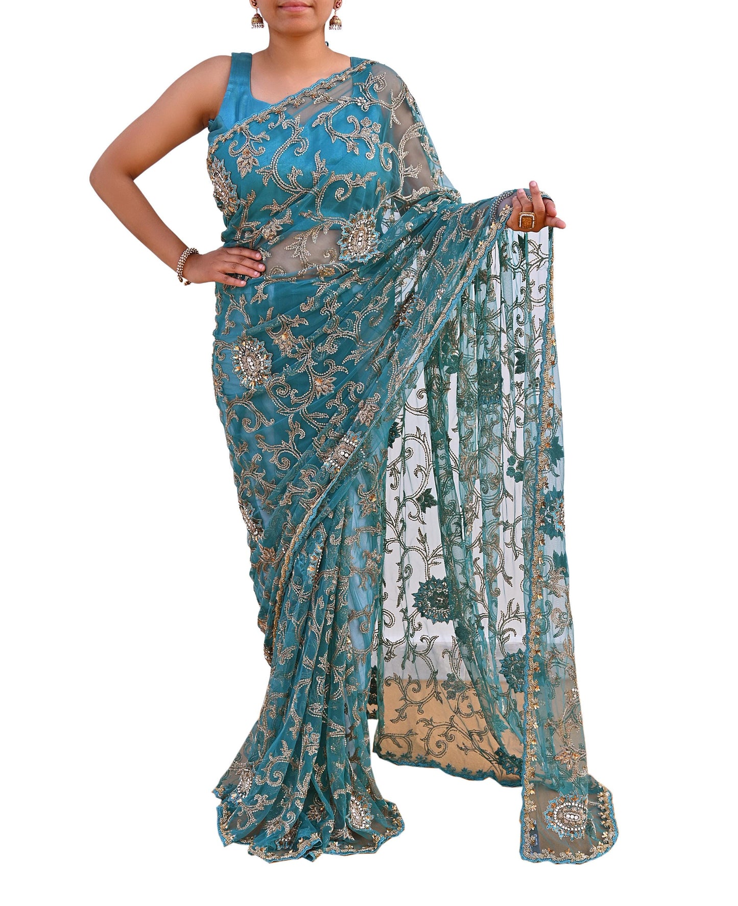 Heavy Blue Net Embroidered Saree Anamika Khanna Zardozi Dabka Zari Indian Wedding Sari Designer Mesh 6Yd Saree with Blouse Fabric