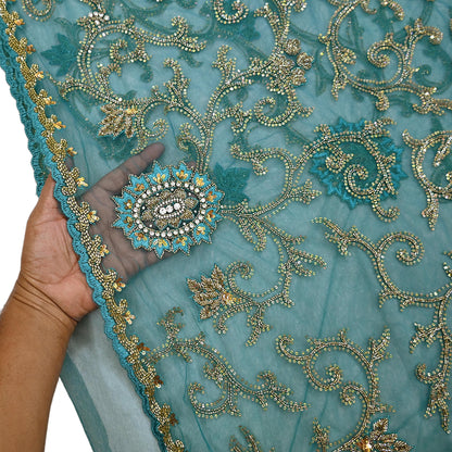 Heavy Blue Net Embroidered Saree Anamika Khanna Zardozi Dabka Zari Indian Wedding Sari Designer Mesh 6Yd Saree with Blouse Fabric