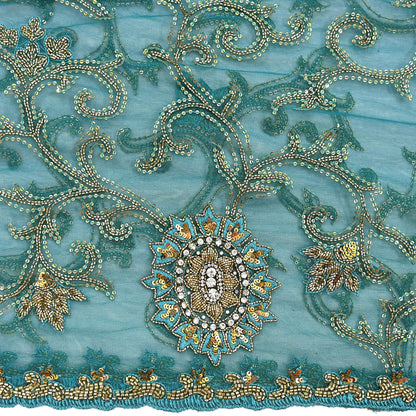 Heavy Blue Net Embroidered Saree Anamika Khanna Zardozi Dabka Zari Indian Wedding Sari Designer Mesh 6Yd Saree with Blouse Fabric