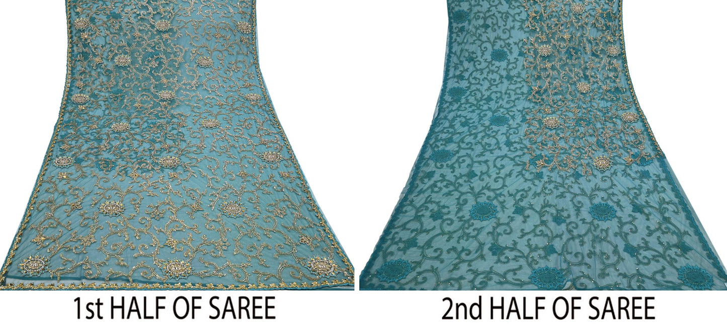 Heavy Blue Net Embroidered Saree Anamika Khanna Zardozi Dabka Zari Indian Wedding Sari Designer Mesh 6Yd Saree with Blouse Fabric