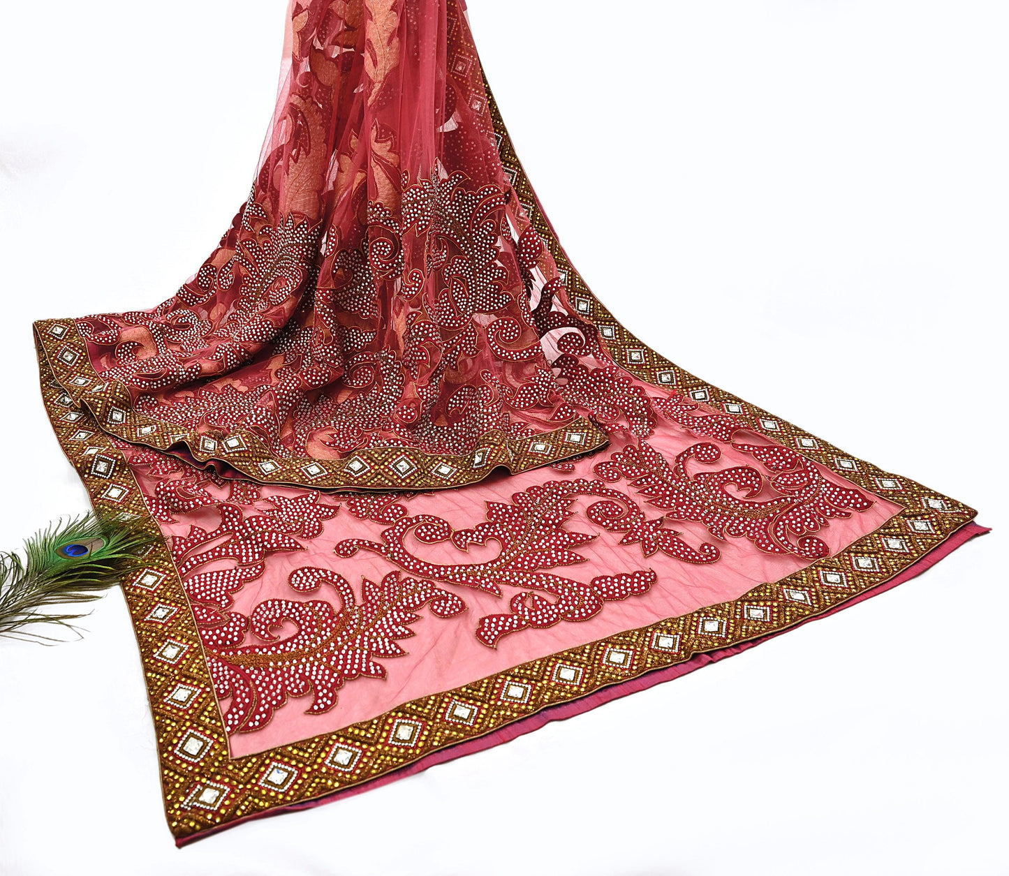 Indian New Heavy Sari Red Net/Mesh Hand Embroidered Designer Manish Malhotra Sarees 6Yd Ethnic Zardozi/Dabka Zari With Blouse Fabric