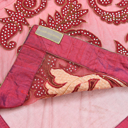 Indian New Heavy Sari Red Net/Mesh Hand Embroidered Designer Manish Malhotra Sarees 6Yd Ethnic Zardozi/Dabka Zari With Blouse Fabric