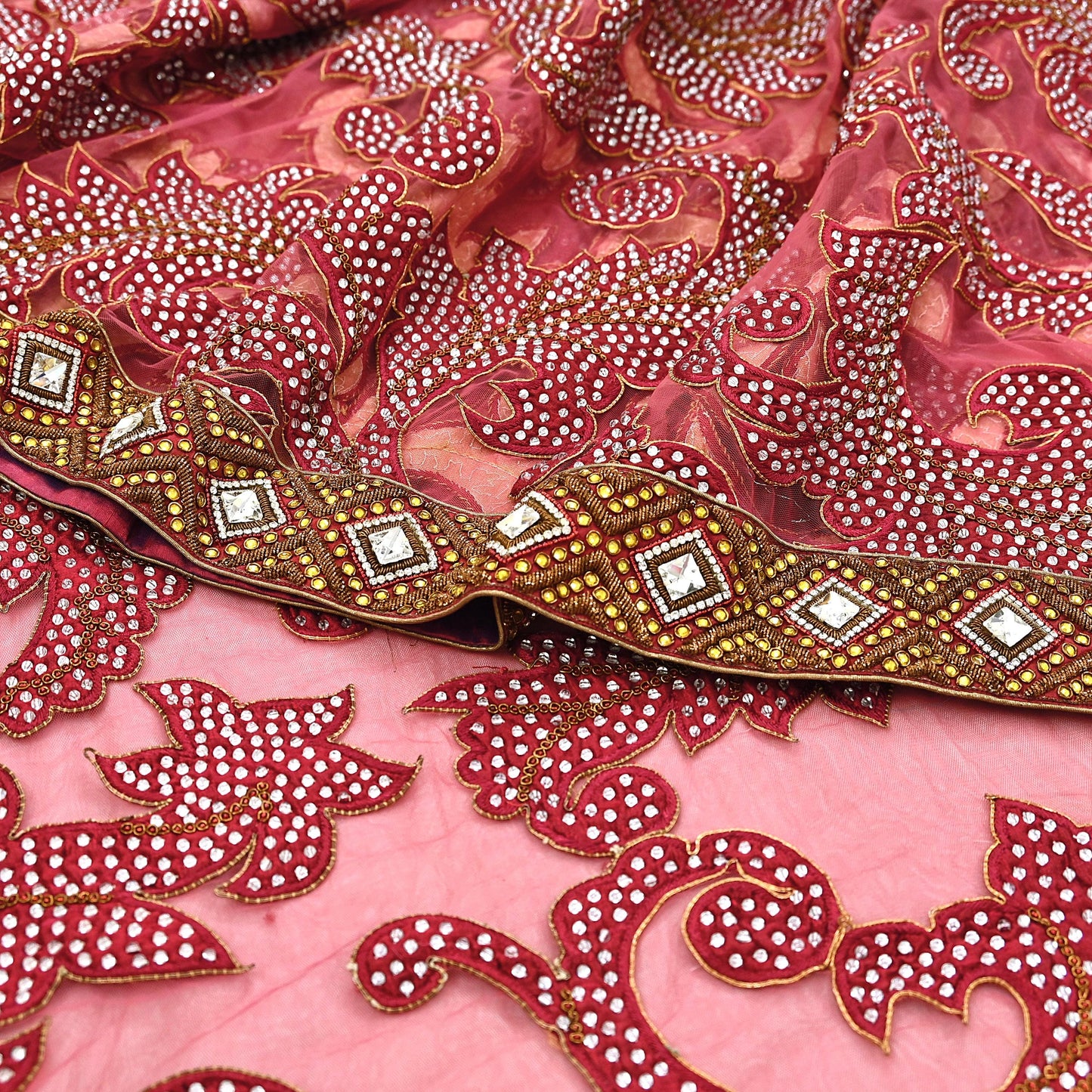 Indian New Heavy Sari Red Net/Mesh Hand Embroidered Designer Manish Malhotra Sarees 6Yd Ethnic Zardozi/Dabka Zari With Blouse Fabric