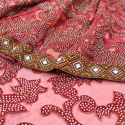 Indian New Heavy Sari Red Net/Mesh Hand Embroidered Designer Manish Malhotra Sarees 6Yd Ethnic Zardozi/Dabka Zari With Blouse Fabric