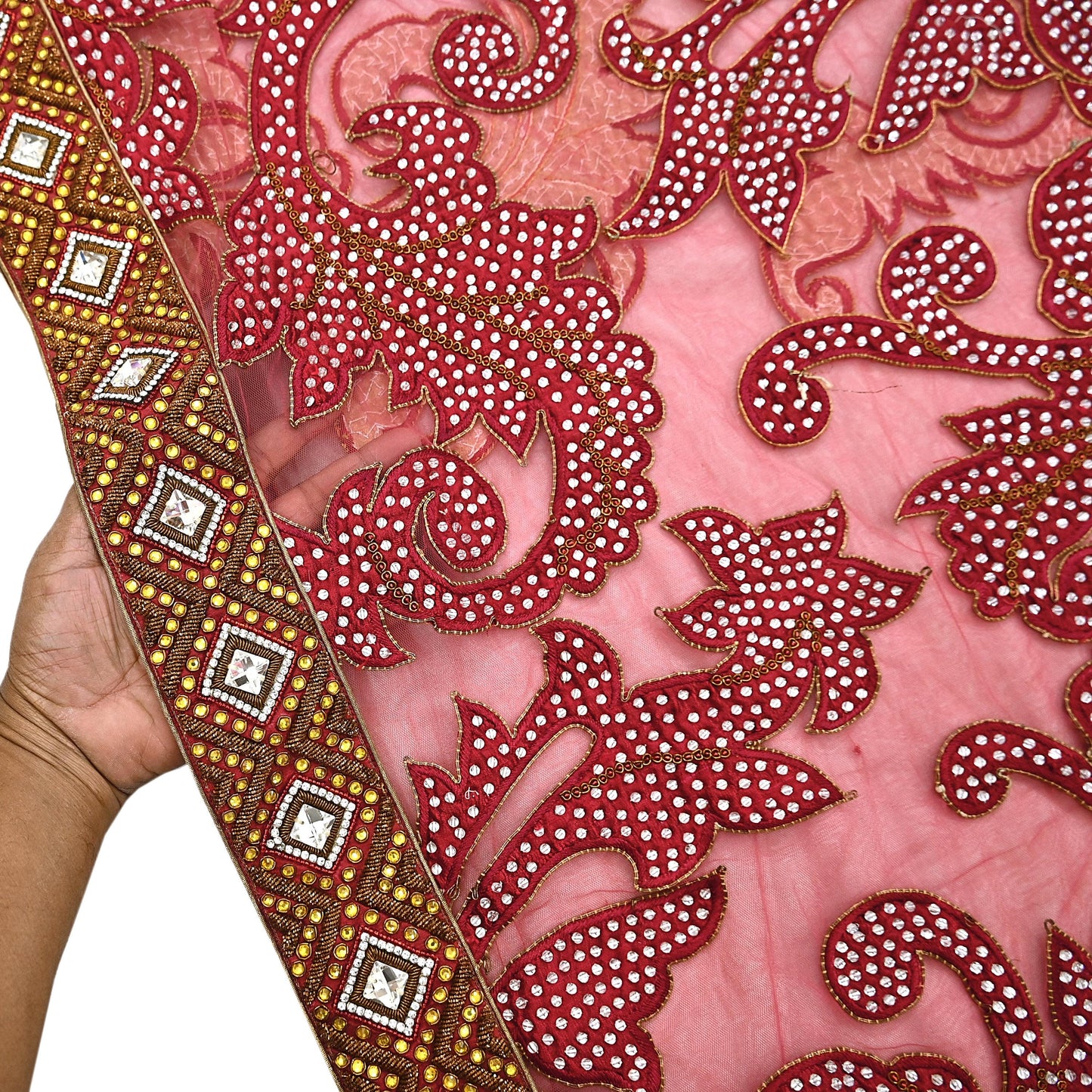 Indian New Heavy Sari Red Net/Mesh Hand Embroidered Designer Manish Malhotra Sarees 6Yd Ethnic Zardozi/Dabka Zari With Blouse Fabric