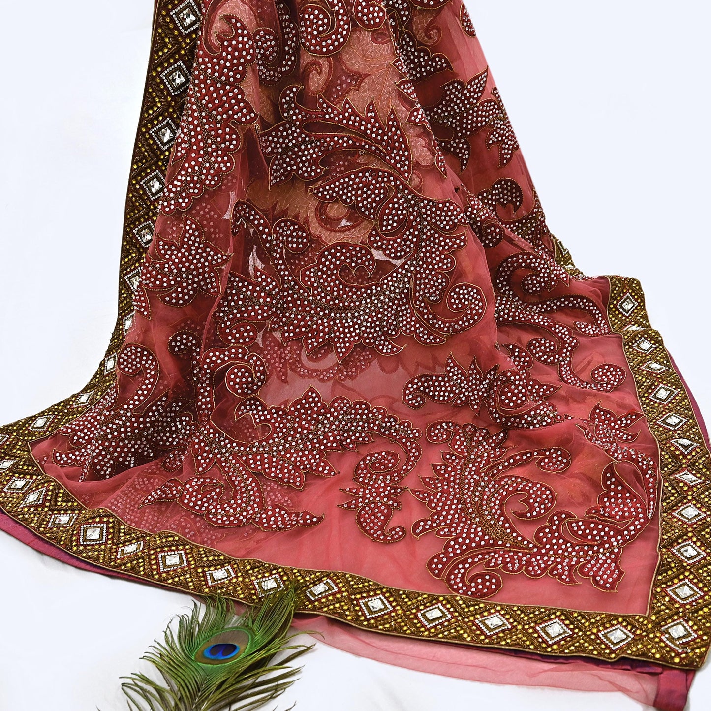 Indian New Heavy Sari Red Net/Mesh Hand Embroidered Designer Manish Malhotra Sarees 6Yd Ethnic Zardozi/Dabka Zari With Blouse Fabric