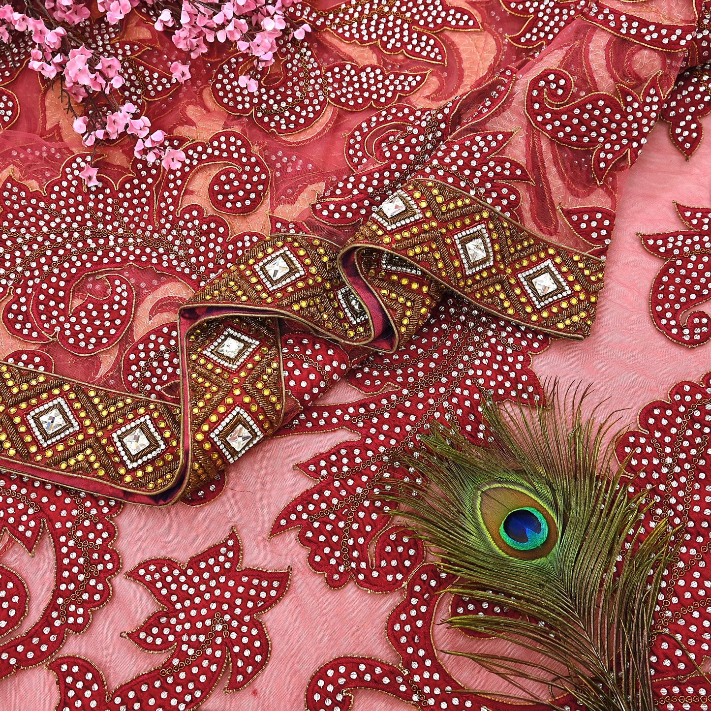 Indian New Heavy Sari Red Net/Mesh Hand Embroidered Designer Manish Malhotra Sarees 6Yd Ethnic Zardozi/Dabka Zari With Blouse Fabric