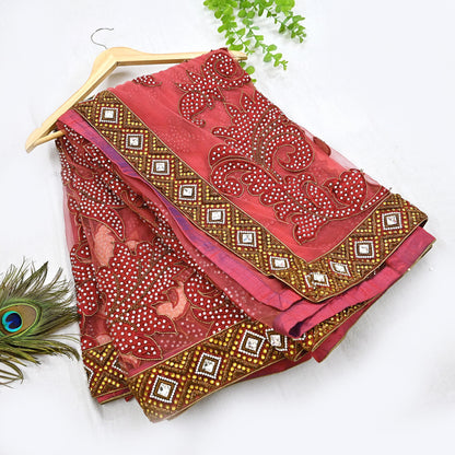 Indian New Heavy Sari Red Net/Mesh Hand Embroidered Designer Manish Malhotra Sarees 6Yd Ethnic Zardozi/Dabka Zari With Blouse Fabric