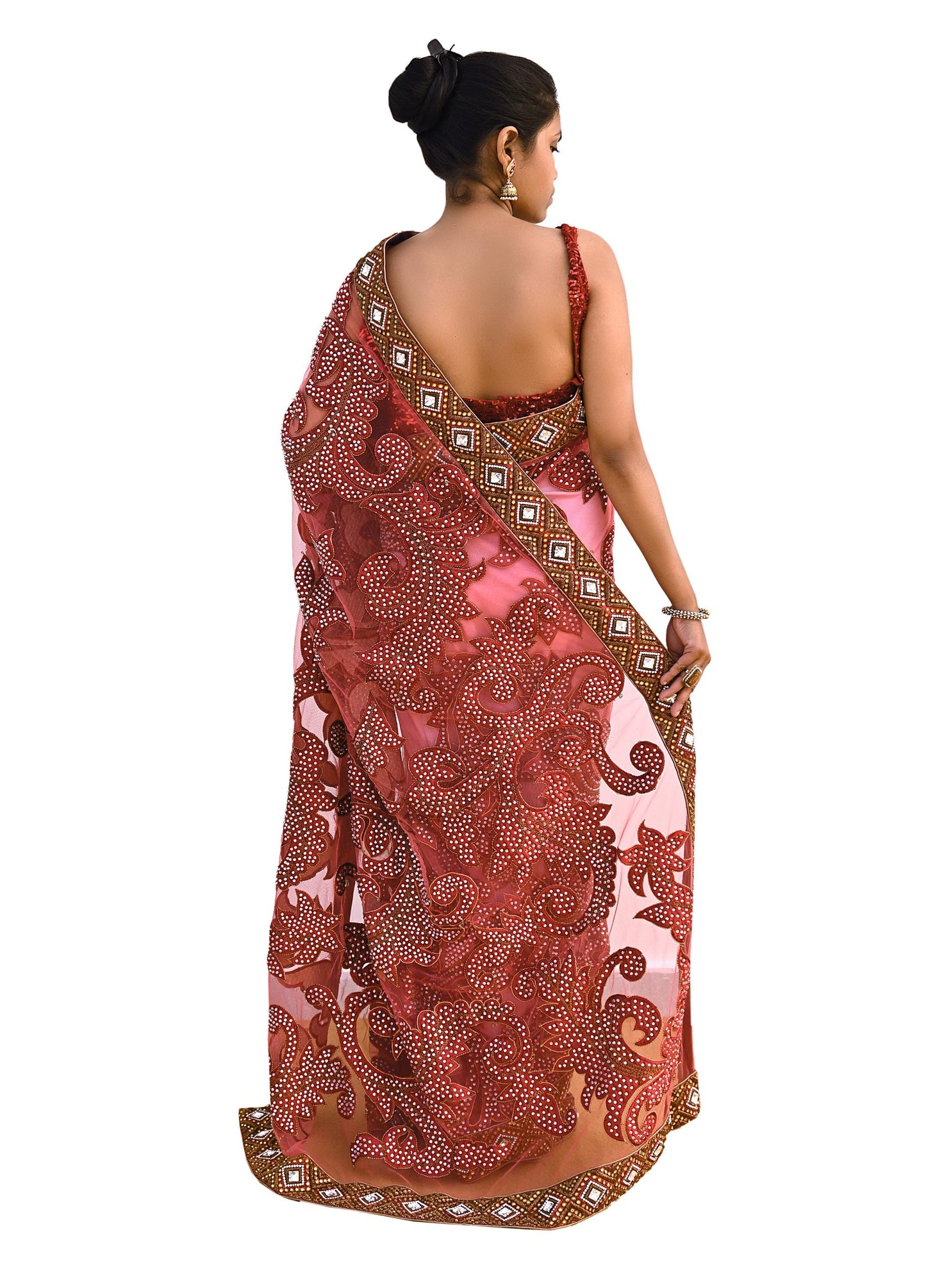 Indian New Heavy Sari Red Net/Mesh Hand Embroidered Designer Manish Malhotra Sarees 6Yd Ethnic Zardozi/Dabka Zari With Blouse Fabric