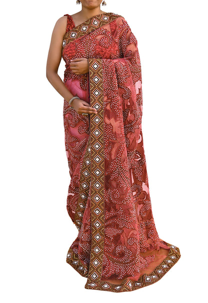 Indian New Heavy Sari Red Net/Mesh Hand Embroidered Designer Manish Malhotra Sarees 6Yd Ethnic Zardozi/Dabka Zari With Blouse Fabric