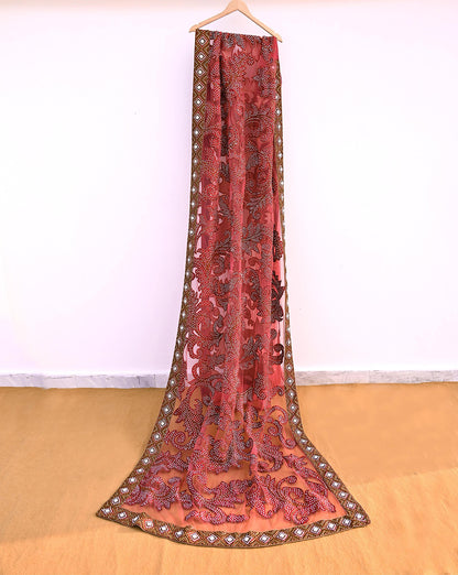 Indian New Heavy Sari Red Net/Mesh Hand Embroidered Designer Manish Malhotra Sarees 6Yd Ethnic Zardozi/Dabka Zari With Blouse Fabric