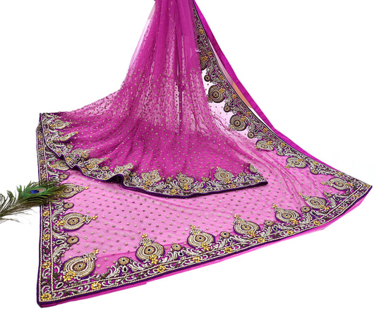 Indian Pre-owned Sari purple Net/Mesh Hand Embroidered Anamika Khanna Designer Sarees Ethnic 6Yd Sewing Zardozi/Dabka Zari Wedding Sarees