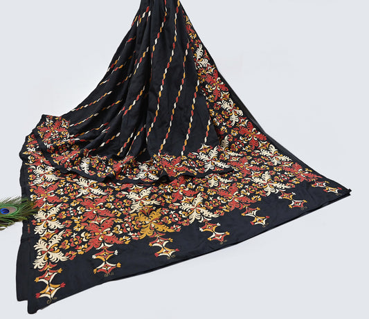 Indian Vintage Black Saree 100% Pure Silk Hand Embroidered Kantha Sari Fabric 5Yd Sewing Floral Sequin