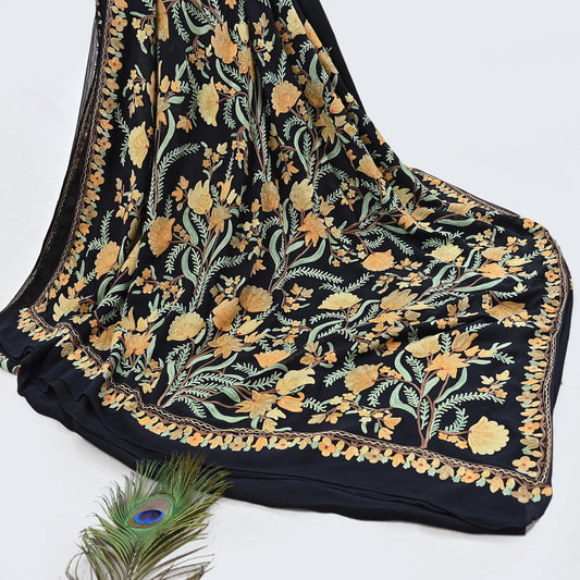 Indian Vintage Sari Black Pure Georgette Silk Hand Embroidered Ari Work Sarees Fabric 5Yd Sewing Soft Dress making Bollywood Saree