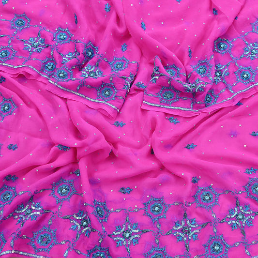 Indian Vintage Dupatta Pink Long Stole Pure Georgette Silk Hand Embroidered Scarves Veil Hijab Floral Zari Dabka Zardozi
