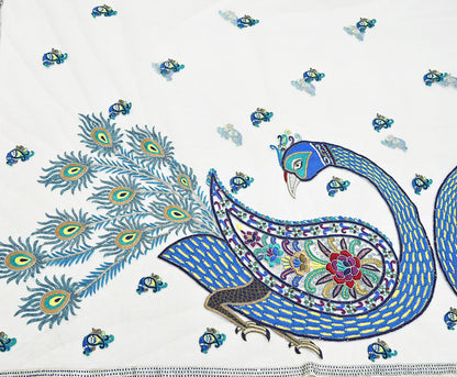 Indian Vintage Heavy Sari White Net/Mesh Embroidered Sarees Fabric 6Yd Sewing Craft Fabric Dress making Crafting Bollywood sari Blouse Pcs