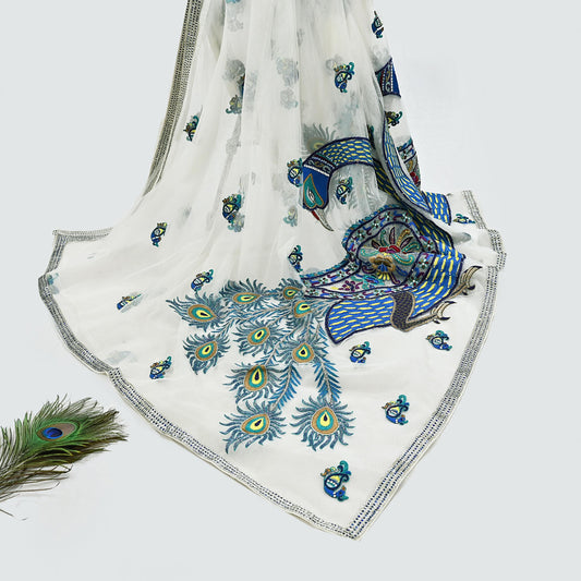 Indian Vintage Heavy Sari White Net/Mesh Embroidered Sarees Fabric 6Yd Sewing Craft Fabric Dress making Crafting Bollywood sari Blouse Pcs