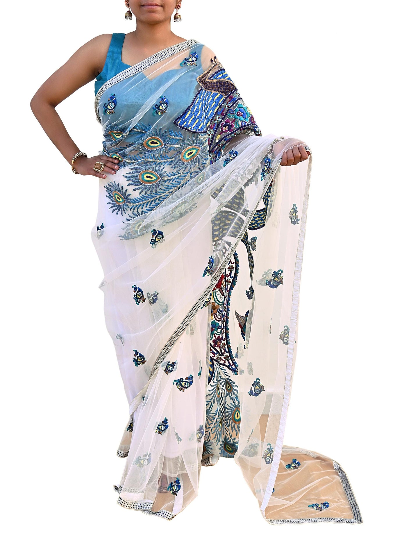 Indian Vintage Heavy Sari White Net/Mesh Embroidered Sarees Fabric 6Yd Sewing Craft Fabric Dress making Crafting Bollywood sari Blouse Pcs