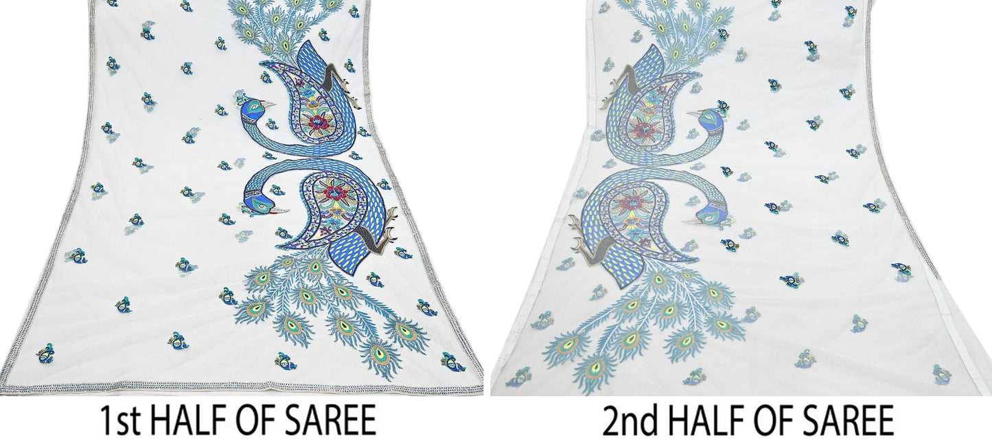 Indian Vintage Heavy Sari White Net/Mesh Embroidered Sarees Fabric 6Yd Sewing Craft Fabric Dress making Crafting Bollywood sari Blouse Pcs