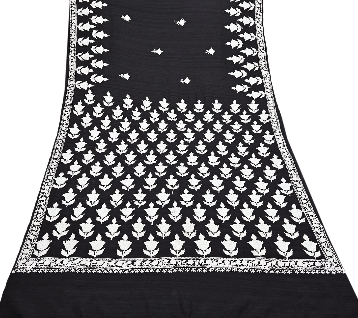 Indian Vintage Sari Black Chanderi Hand Embroidered Ari Work Sarees Fabric 6Yd Sewing Soft Dress making For Crafting Bollywood Saree