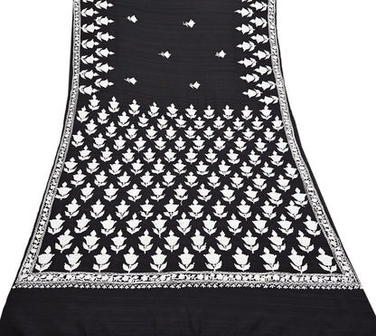 Indian Vintage Sari Black Chanderi Hand Embroidered Ari Work Sarees Fabric 6Yd Sewing Soft Dress making For Crafting Bollywood Saree