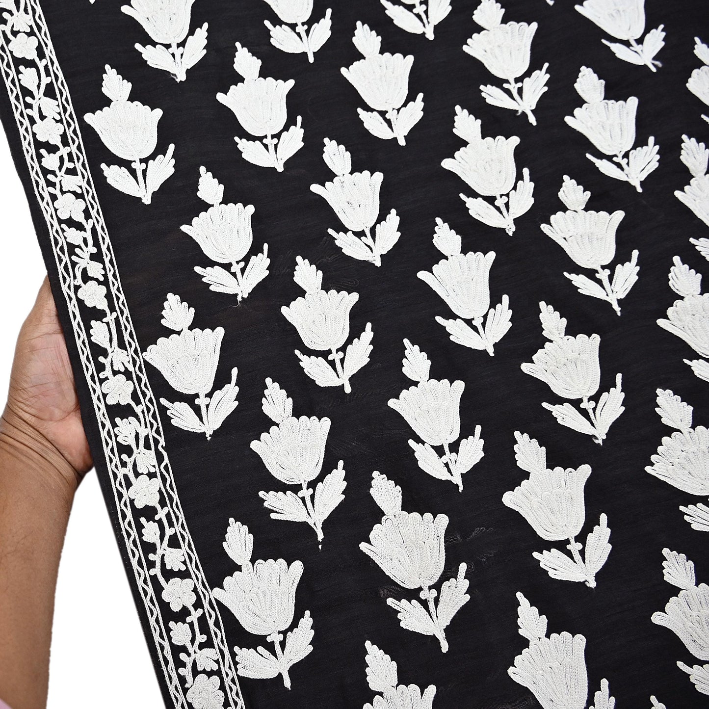 Indian Vintage Sari Black Chanderi Hand Embroidered Ari Work Sarees Fabric 6Yd Sewing Soft Dress making For Crafting Bollywood Saree