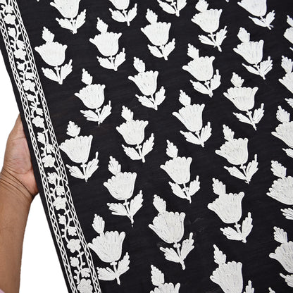 Indian Vintage Sari Black Chanderi Hand Embroidered Ari Work Sarees Fabric 6Yd Sewing Soft Dress making For Crafting Bollywood Saree