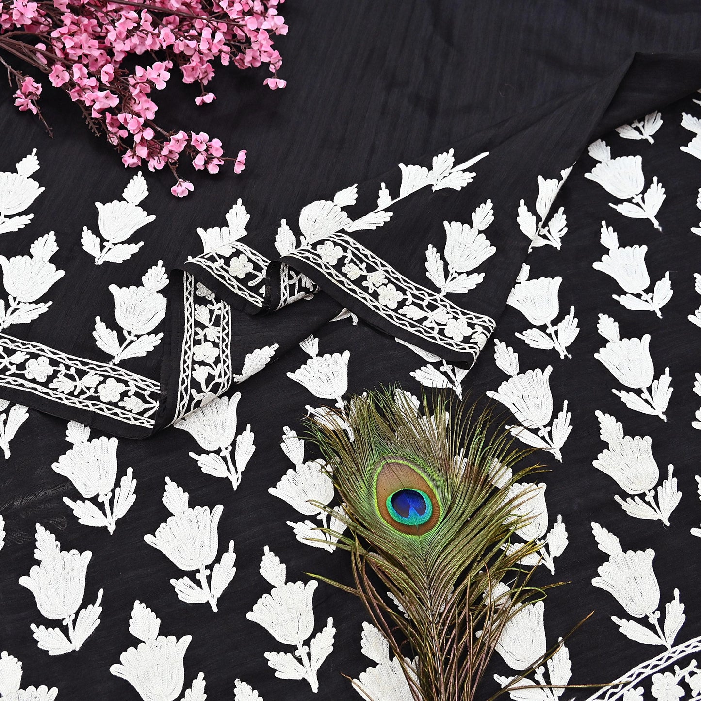 Indian Vintage Sari Black Chanderi Hand Embroidered Ari Work Sarees Fabric 6Yd Sewing Soft Dress making For Crafting Bollywood Saree