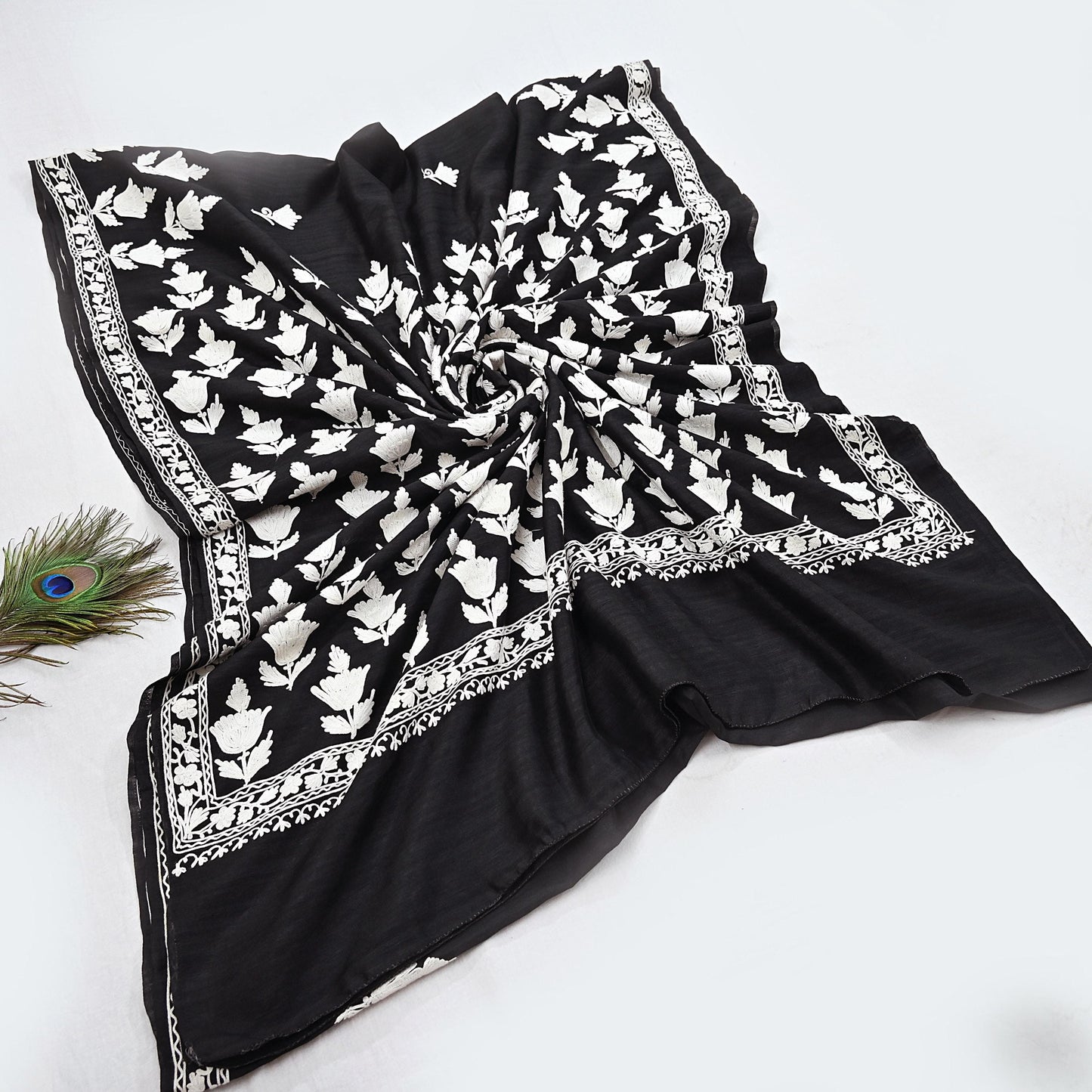 Indian Vintage Sari Black Chanderi Hand Embroidered Ari Work Sarees Fabric 6Yd Sewing Soft Dress making For Crafting Bollywood Saree