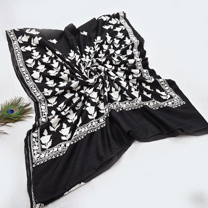 Indian Vintage Sari Black Chanderi Hand Embroidered Ari Work Sarees Fabric 6Yd Sewing Soft Dress making For Crafting Bollywood Saree