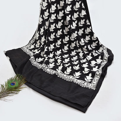 Indian Vintage Sari Black Chanderi Hand Embroidered Ari Work Sarees Fabric 6Yd Sewing Soft Dress making For Crafting Bollywood Saree