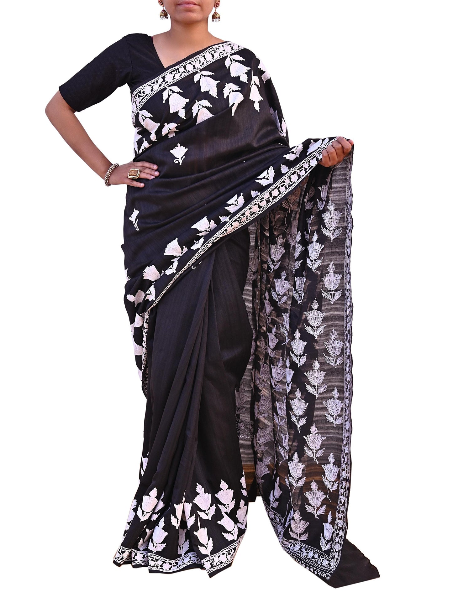 Indian Vintage Sari Black Chanderi Hand Embroidered Ari Work Sarees Fabric 6Yd Sewing Soft Dress making For Crafting Bollywood Saree