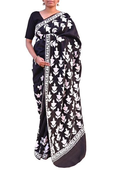 Indian Vintage Sari Black Chanderi Hand Embroidered Ari Work Sarees Fabric 6Yd Sewing Soft Dress making For Crafting Bollywood Saree