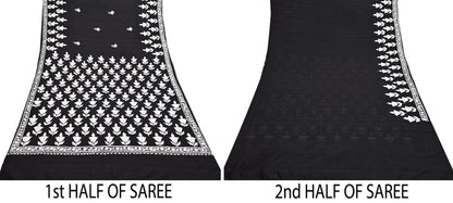 Indian Vintage Sari Black Chanderi Hand Embroidered Ari Work Sarees Fabric 6Yd Sewing Soft Dress making For Crafting Bollywood Saree