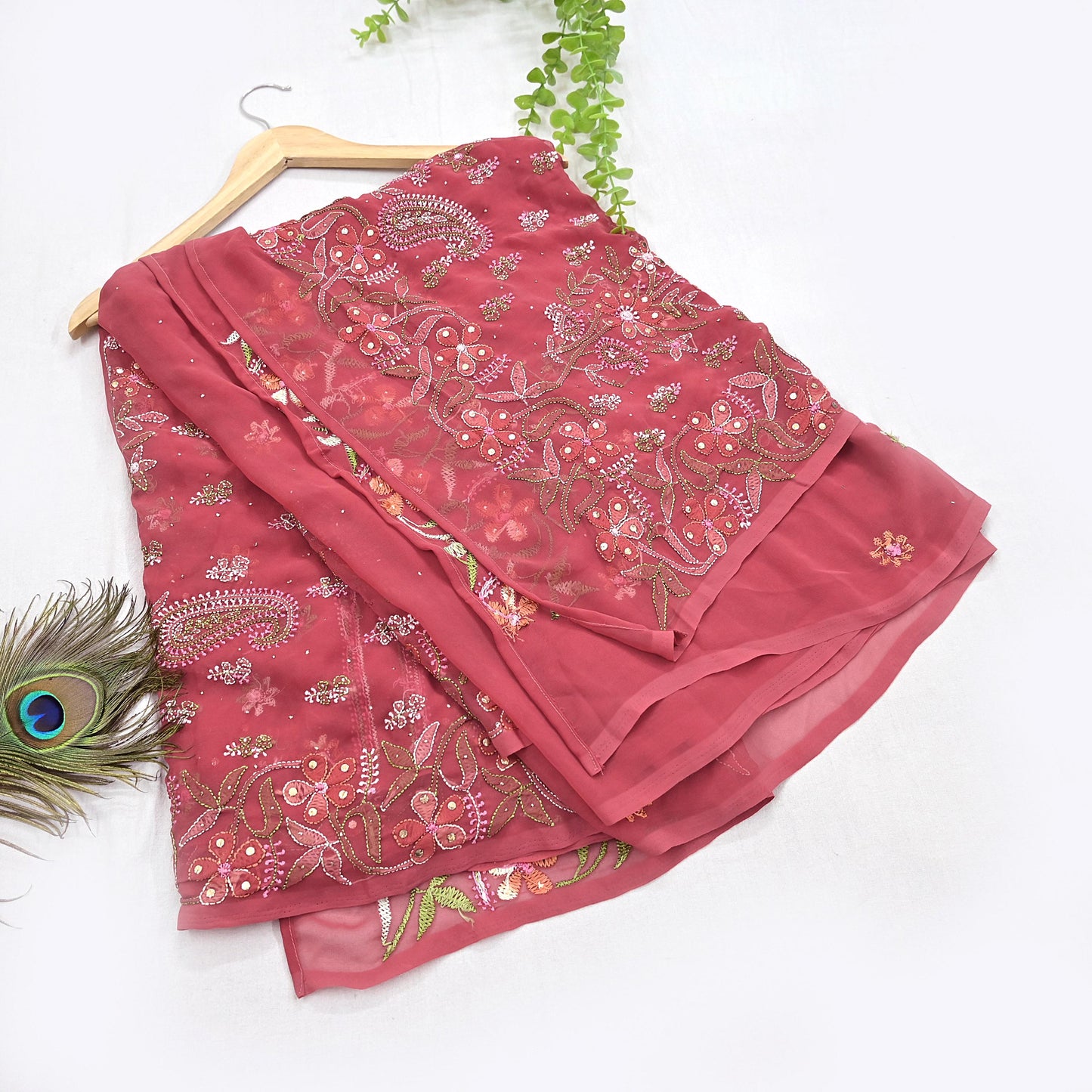 Pre-owned Hand Embordered Chikankari Mukesh Sarees 5Yd Pink Georgette Ethnic Sari Bollywood party wear sarees