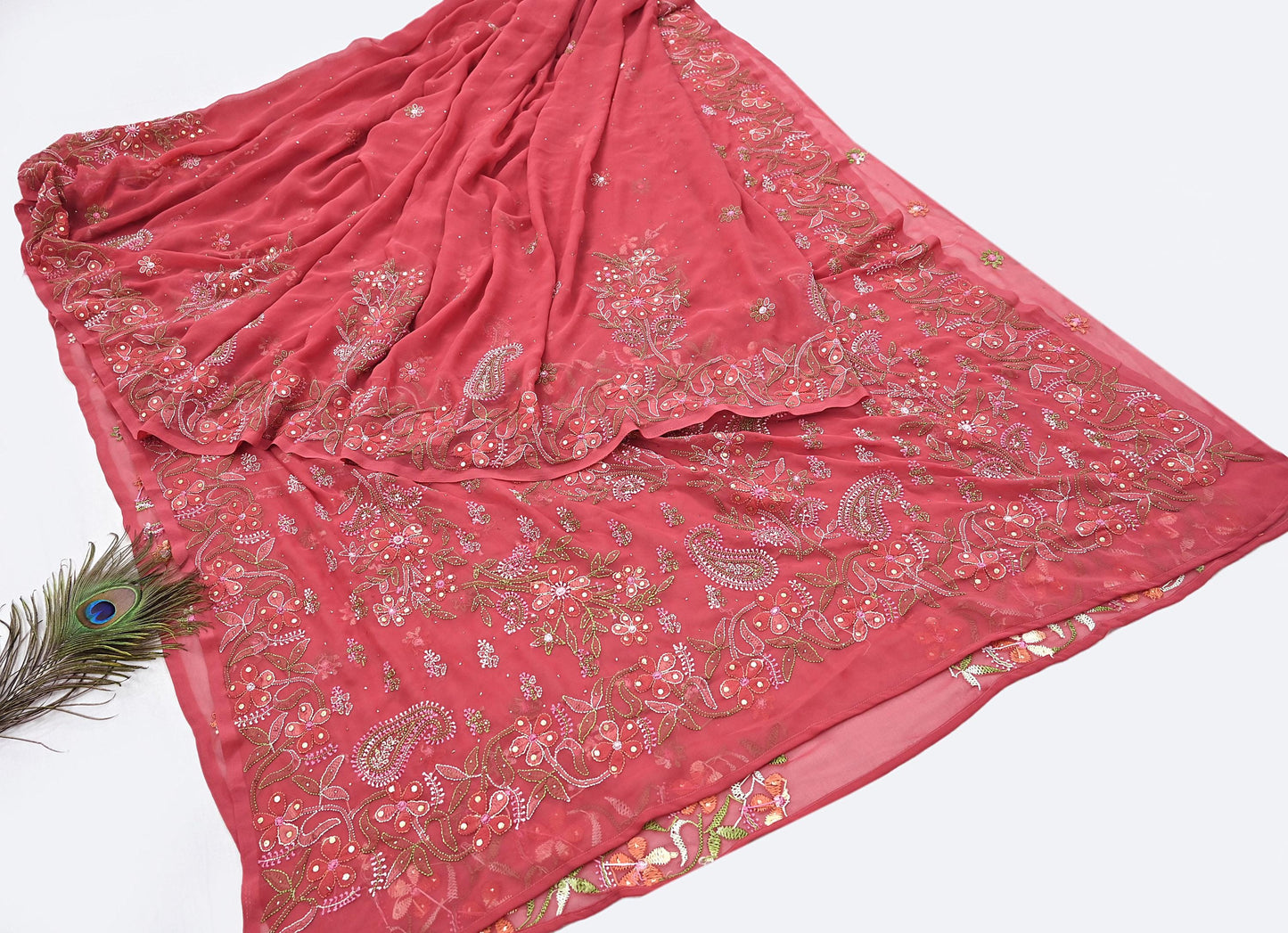 Pre-owned Hand Embordered Chikankari Mukesh Sarees 5Yd Pink Georgette Ethnic Sari Bollywood party wear sarees