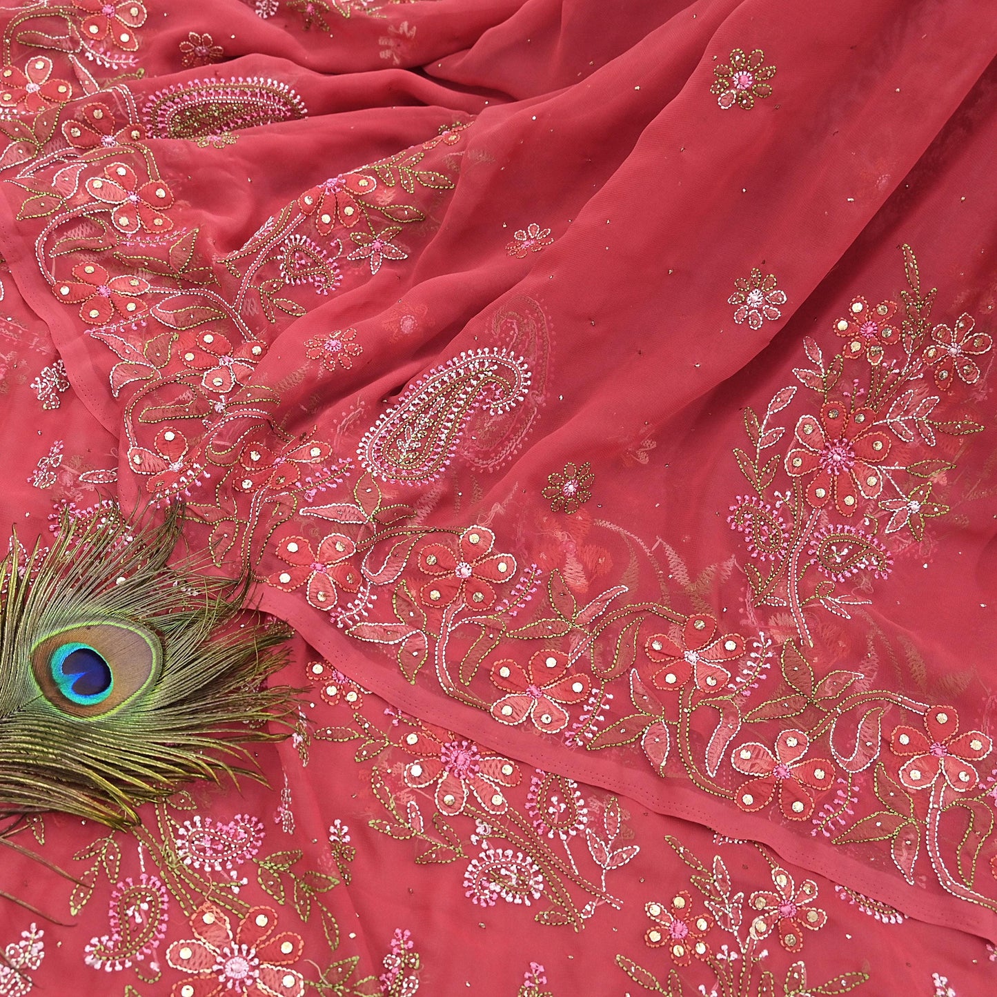 Pre-owned Hand Embordered Chikankari Mukesh Sarees 5Yd Pink Georgette Ethnic Sari Bollywood party wear sarees