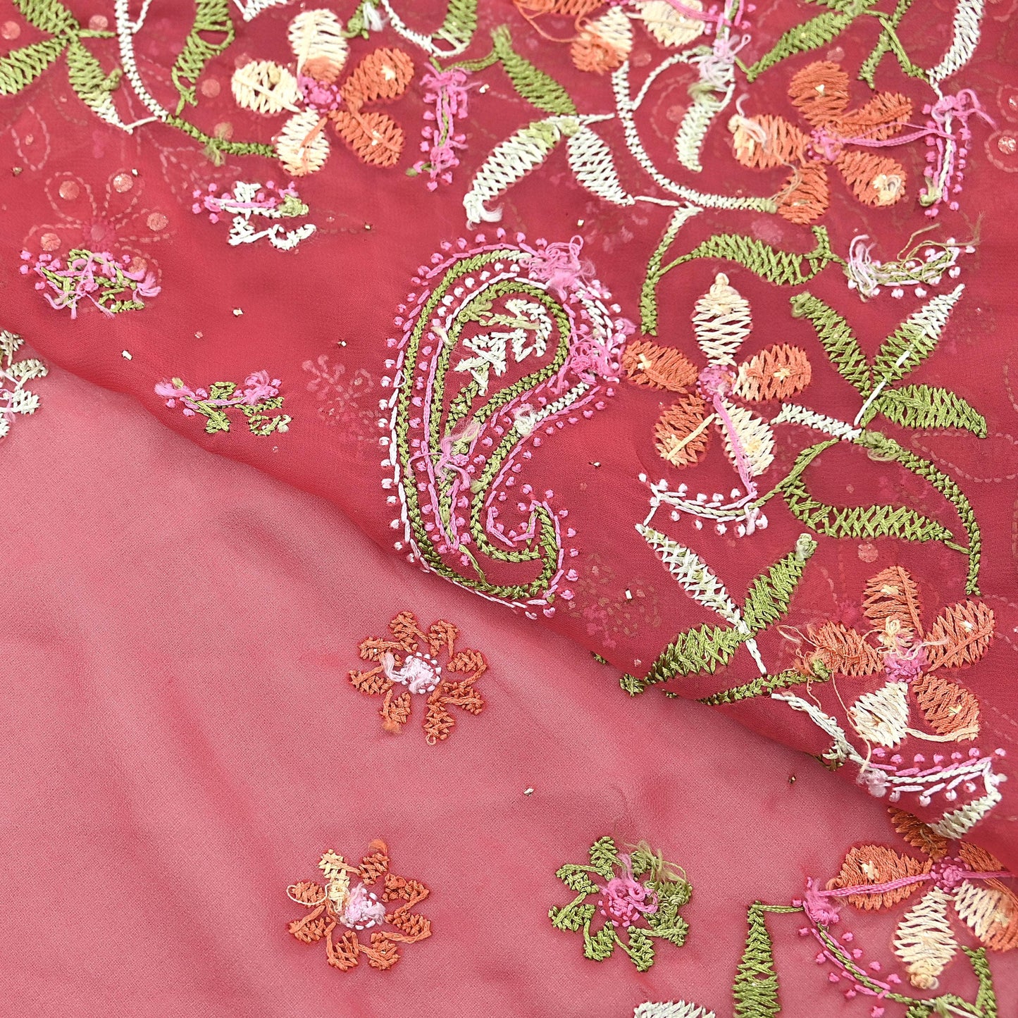 Pre-owned Hand Embordered Chikankari Mukesh Sarees 5Yd Pink Georgette Ethnic Sari Bollywood party wear sarees