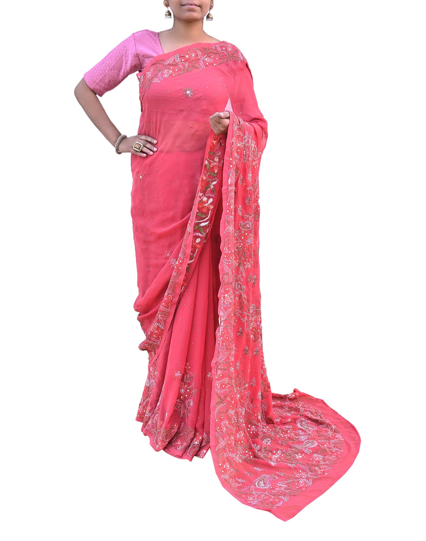 Pre-owned Hand Embordered Chikankari Mukesh Sarees 5Yd Pink Georgette Ethnic Sari Bollywood party wear sarees