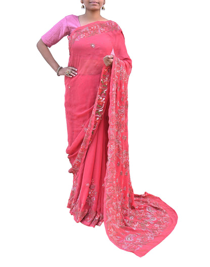 Pre-owned Hand Embordered Chikankari Mukesh Sarees 5Yd Pink Georgette Ethnic Sari Bollywood party wear sarees