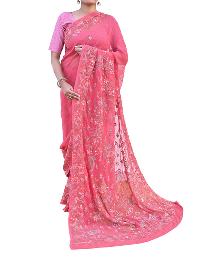 Pre-owned Hand Embordered Chikankari Mukesh Sarees 5Yd Pink Georgette Ethnic Sari Bollywood party wear sarees