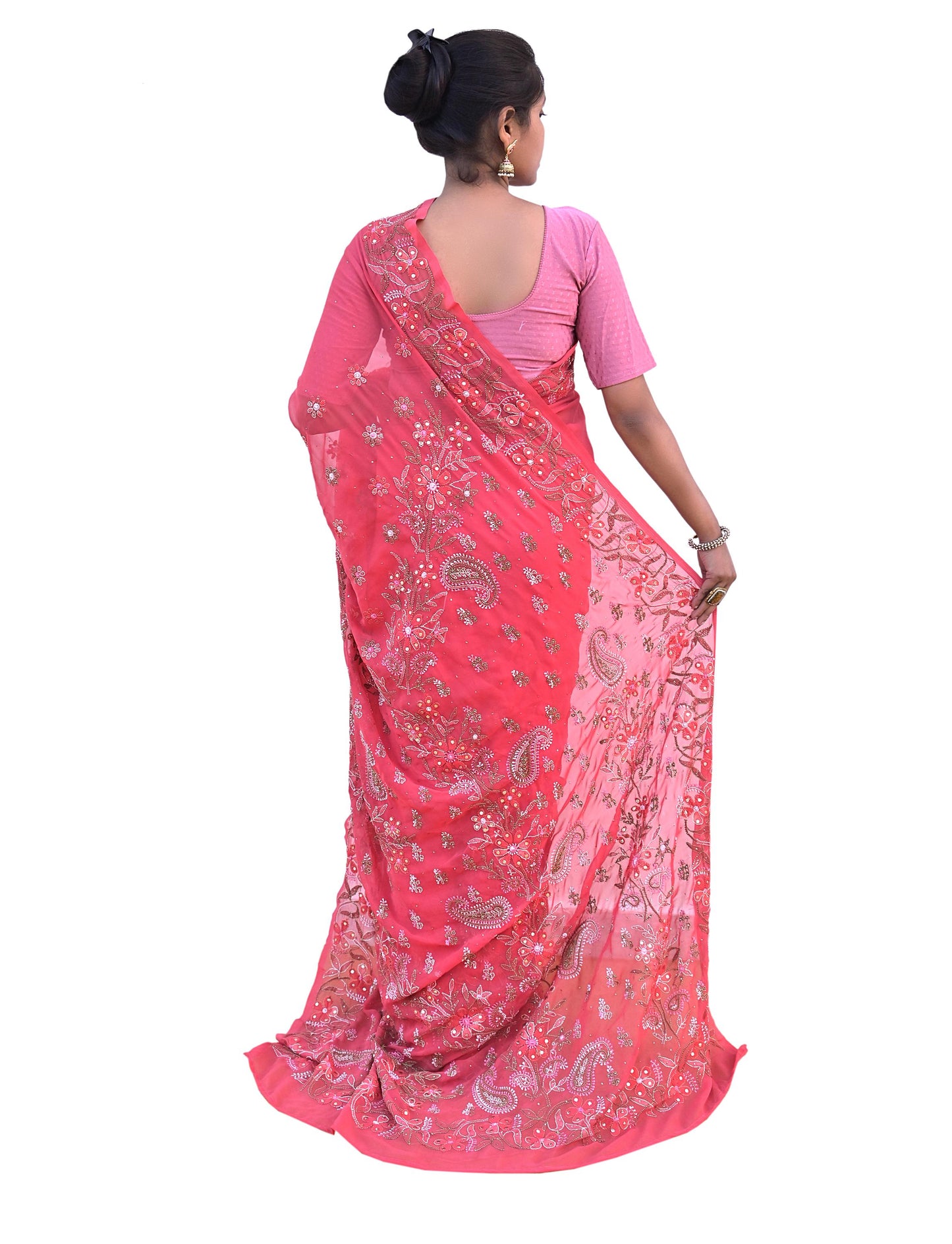 Pre-owned Hand Embordered Chikankari Mukesh Sarees 5Yd Pink Georgette Ethnic Sari Bollywood party wear sarees